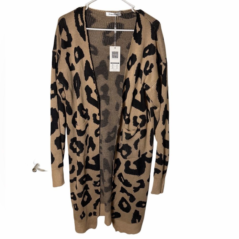 🐆 NWT Women's Beige & Black Leopard Print Open-Front Cardigan – Size XL ✨‎